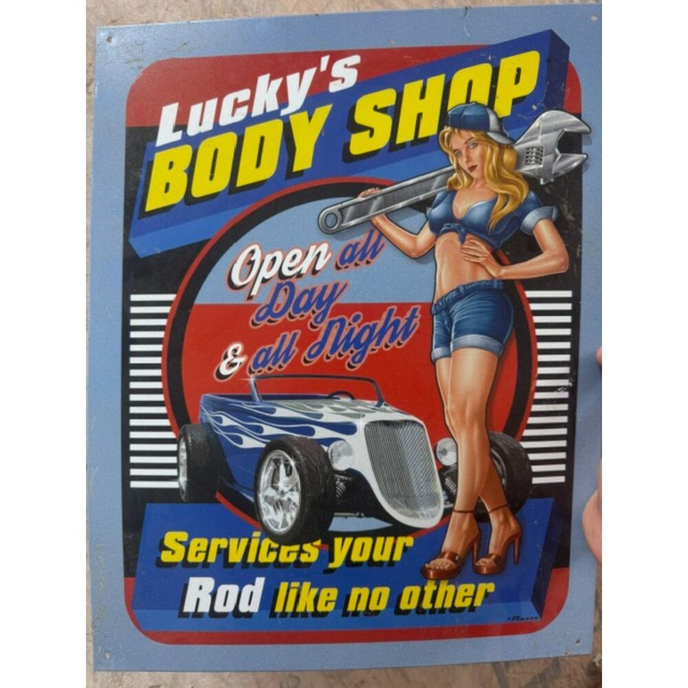 Lucky's Body Shop Retro Muscle Hot Rod Garage Rat Rods Wall Decor Metal